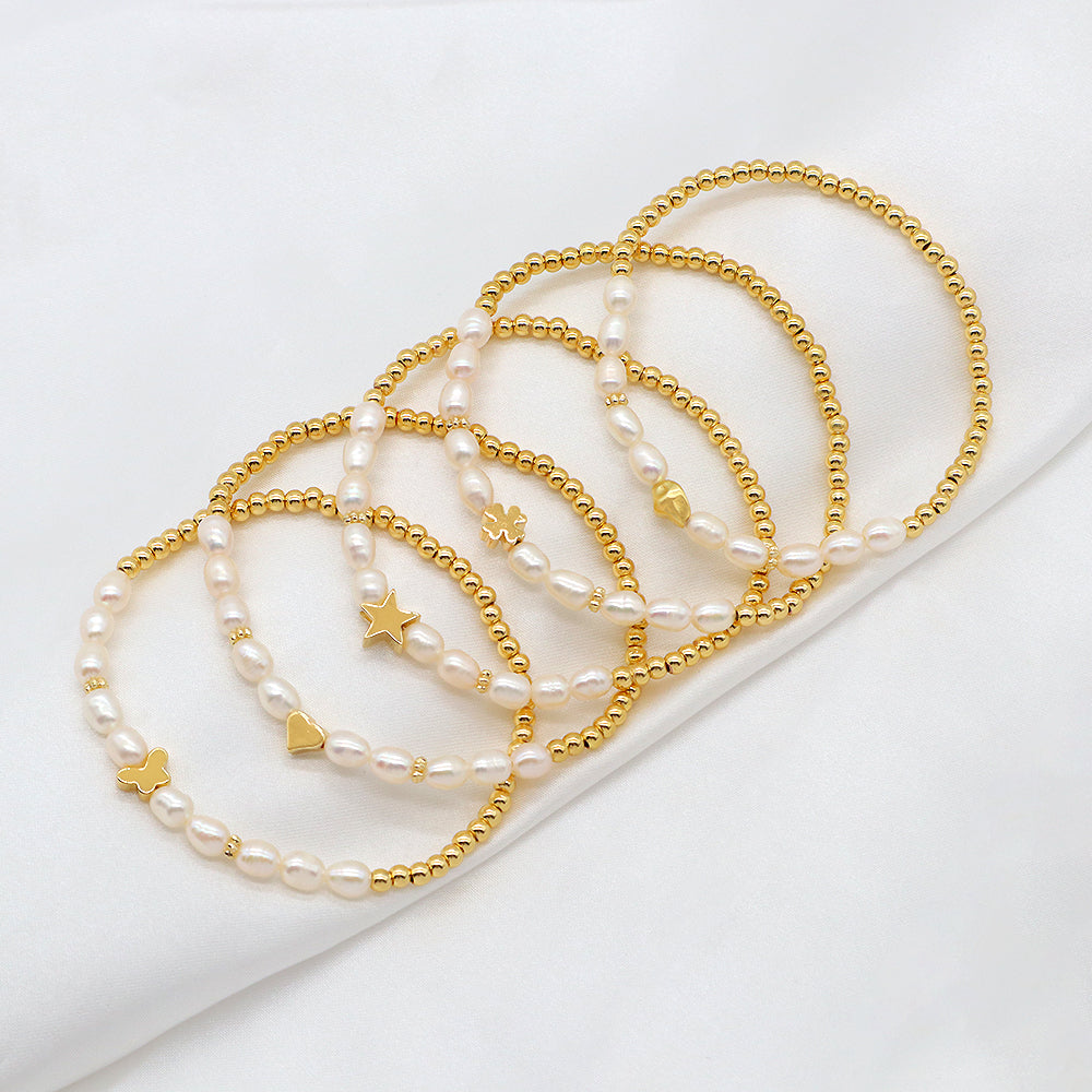 Fresh Water Pearl With Plated Gold Brass Beads Handmade Elastic Adjustable Bracelet