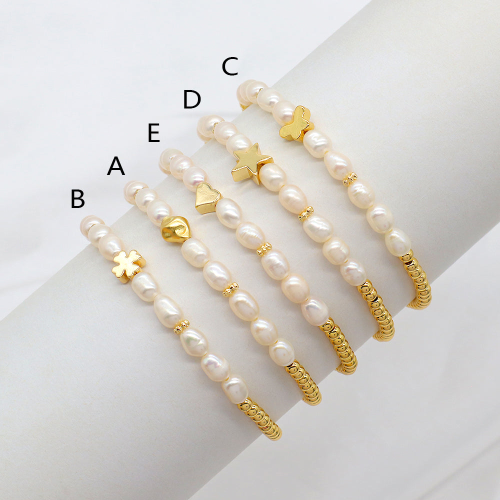 Fresh Water Pearl With Plated Gold Brass Beads Handmade Elastic Adjustable Bracelet