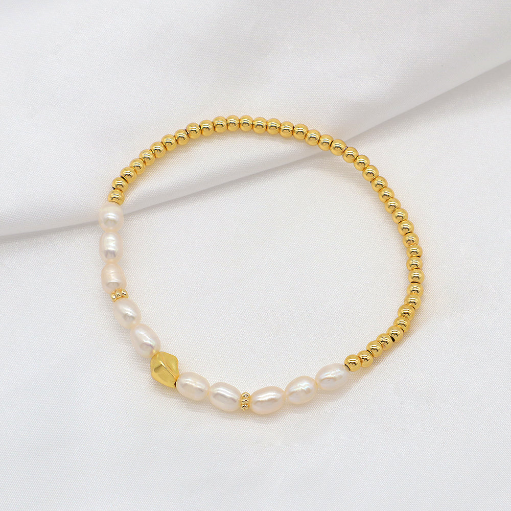 Fresh Water Pearl With Plated Gold Brass Beads Handmade Elastic Adjustable Bracelet