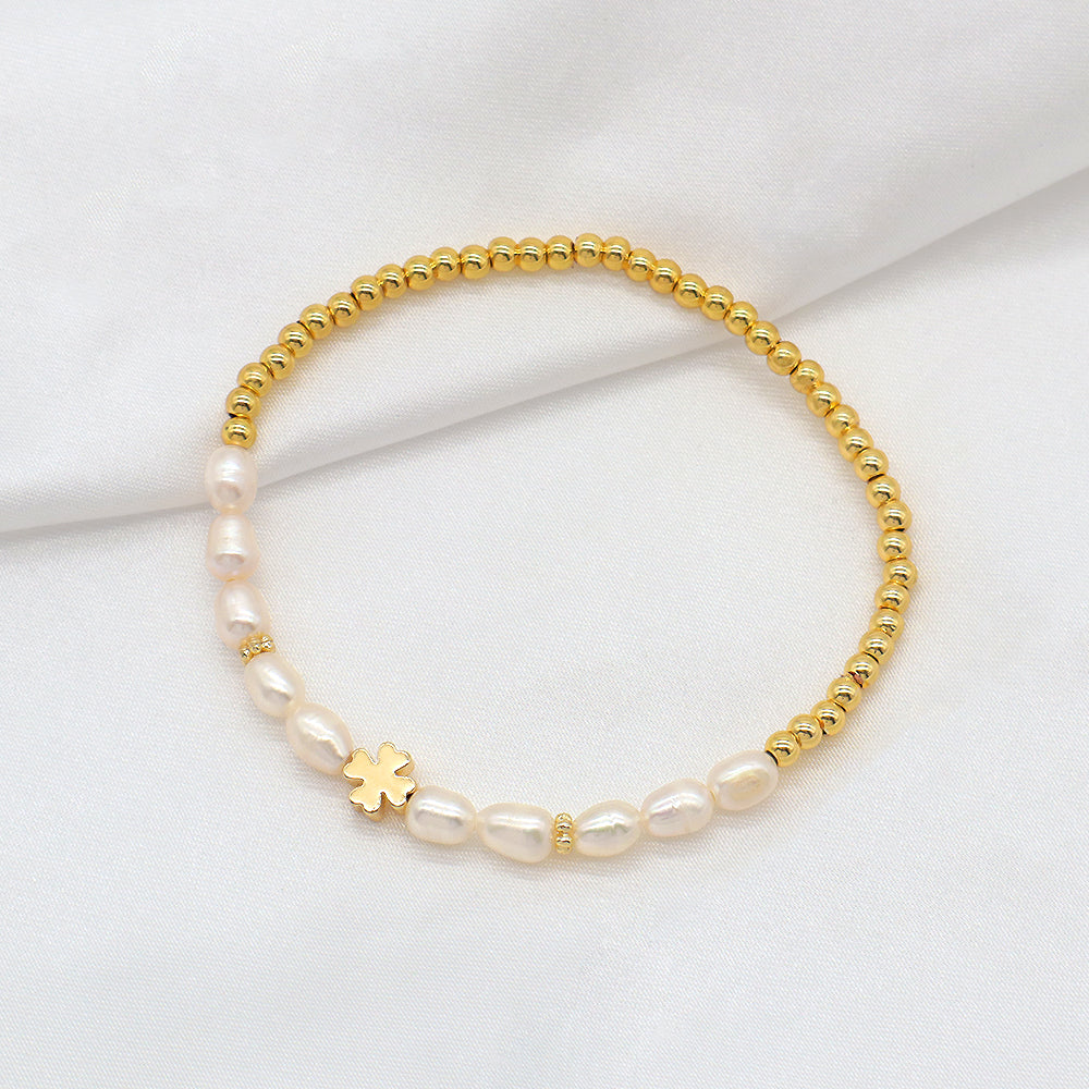 Fresh Water Pearl With Plated Gold Brass Beads Handmade Elastic Adjustable Bracelet