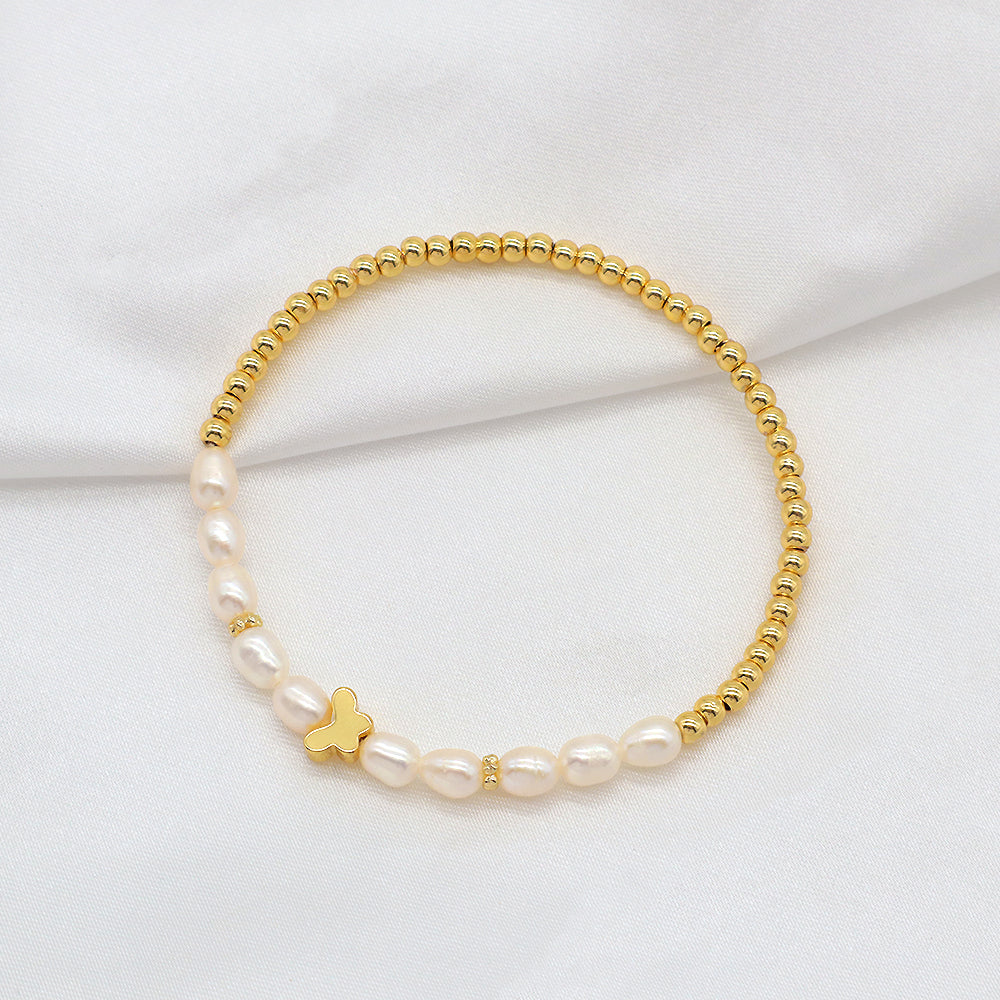 Fresh Water Pearl With Plated Gold Brass Beads Handmade Elastic Adjustable Bracelet