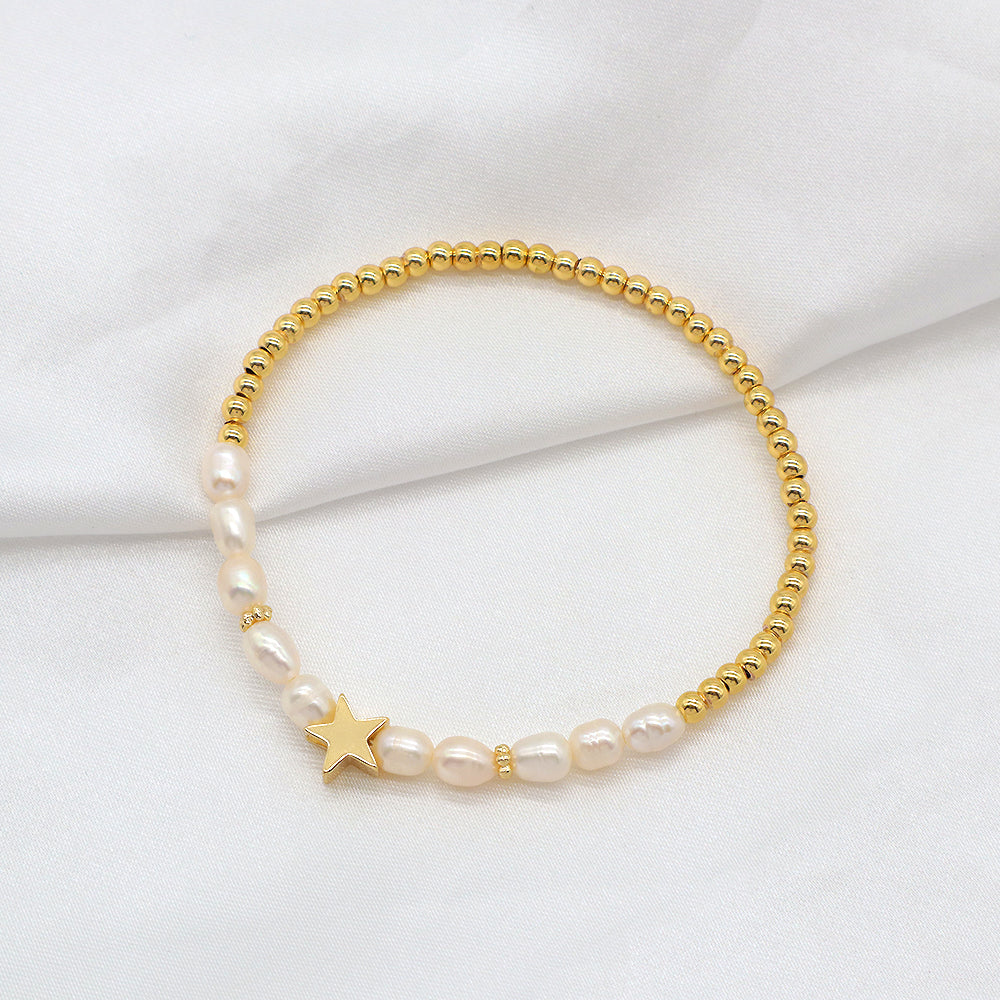 Fresh Water Pearl With Plated Gold Brass Beads Handmade Elastic Adjustable Bracelet