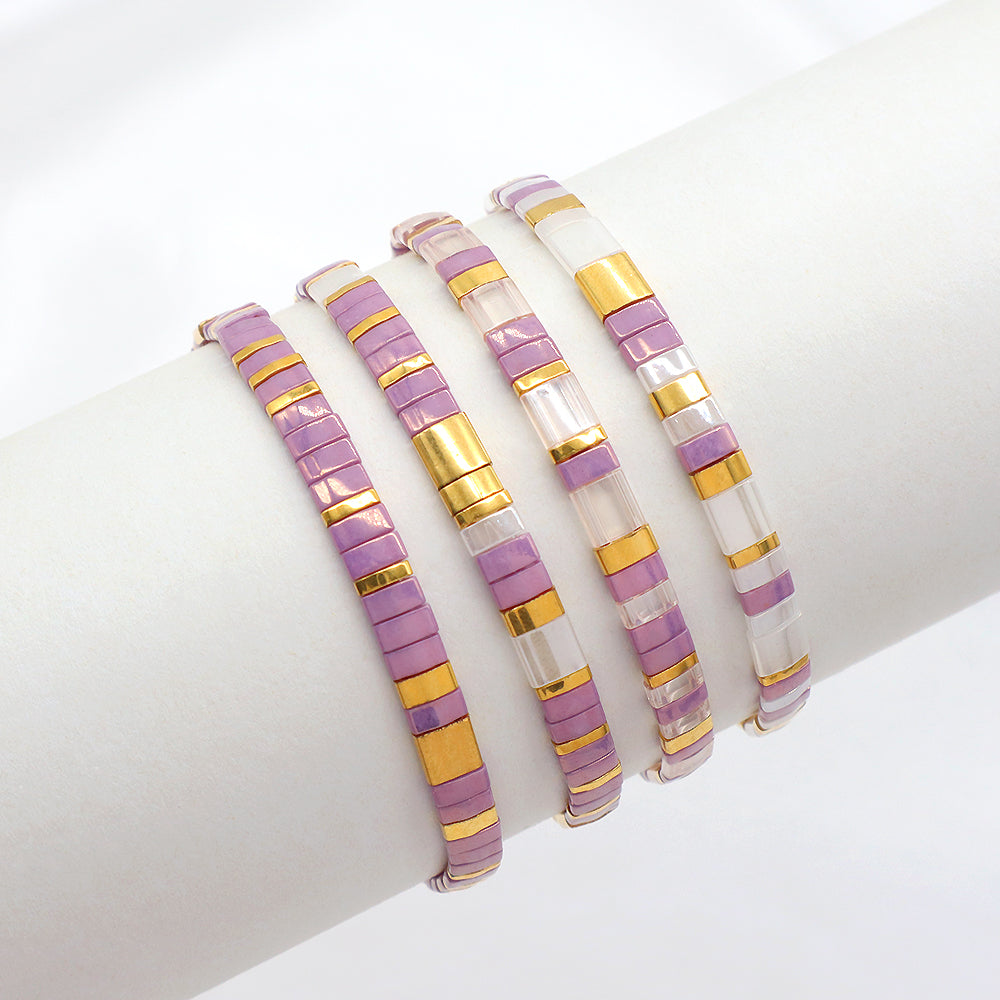 Handmade Colorful Flat Tile Miyuki Tila Beaded Elastic Bracelet
