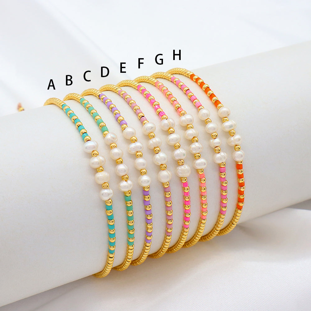 Colorful Miyuki Beads Fresh Water Pearl With Gold Plated Brass Beads Handmade Braided Woven Macrame Bracelet