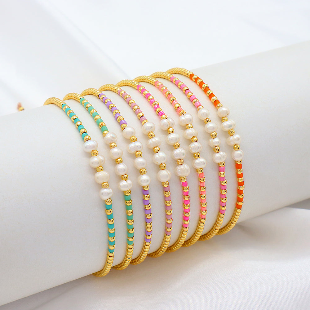 Colorful Miyuki Beads Fresh Water Pearl With Gold Plated Brass Beads Handmade Braided Woven Macrame Bracelet