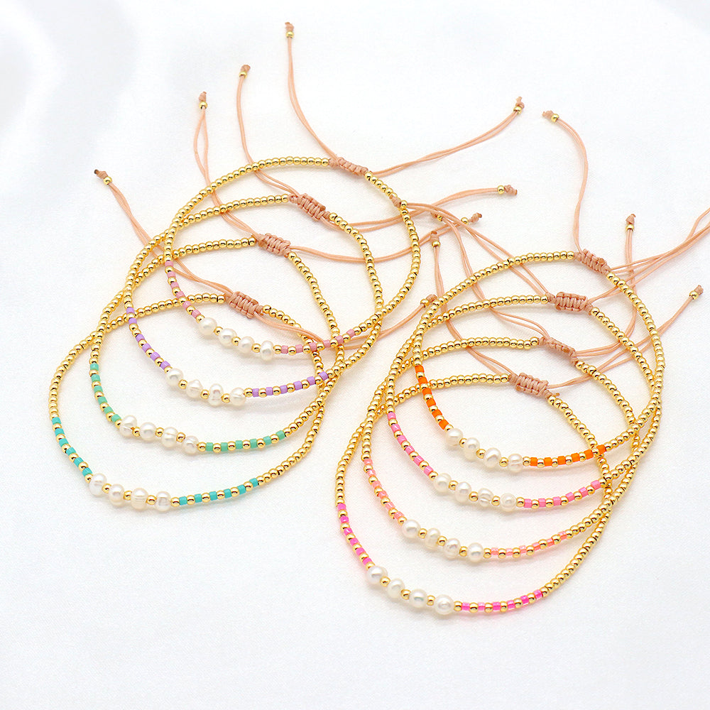 Colorful Miyuki Beads Fresh Water Pearl With Gold Plated Brass Beads Handmade Braided Woven Macrame Bracelet