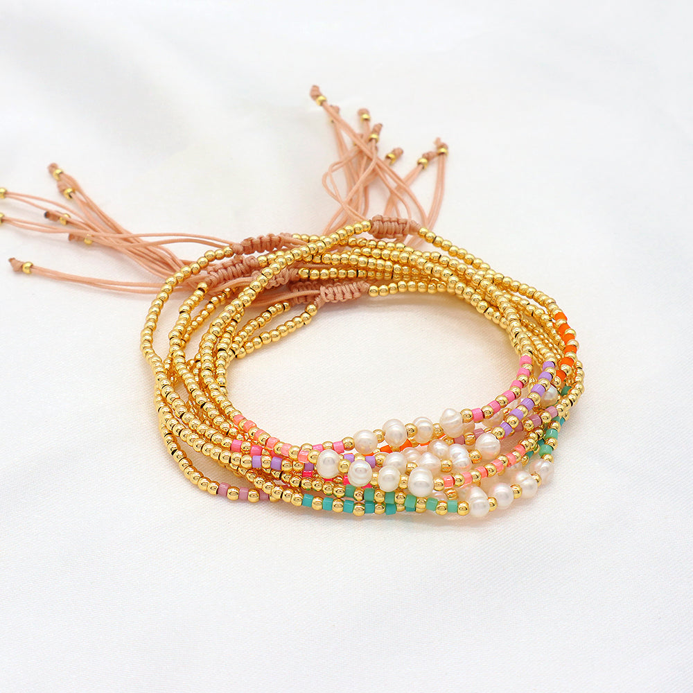 Colorful Miyuki Beads Fresh Water Pearl With Gold Plated Brass Beads Handmade Braided Woven Macrame Bracelet