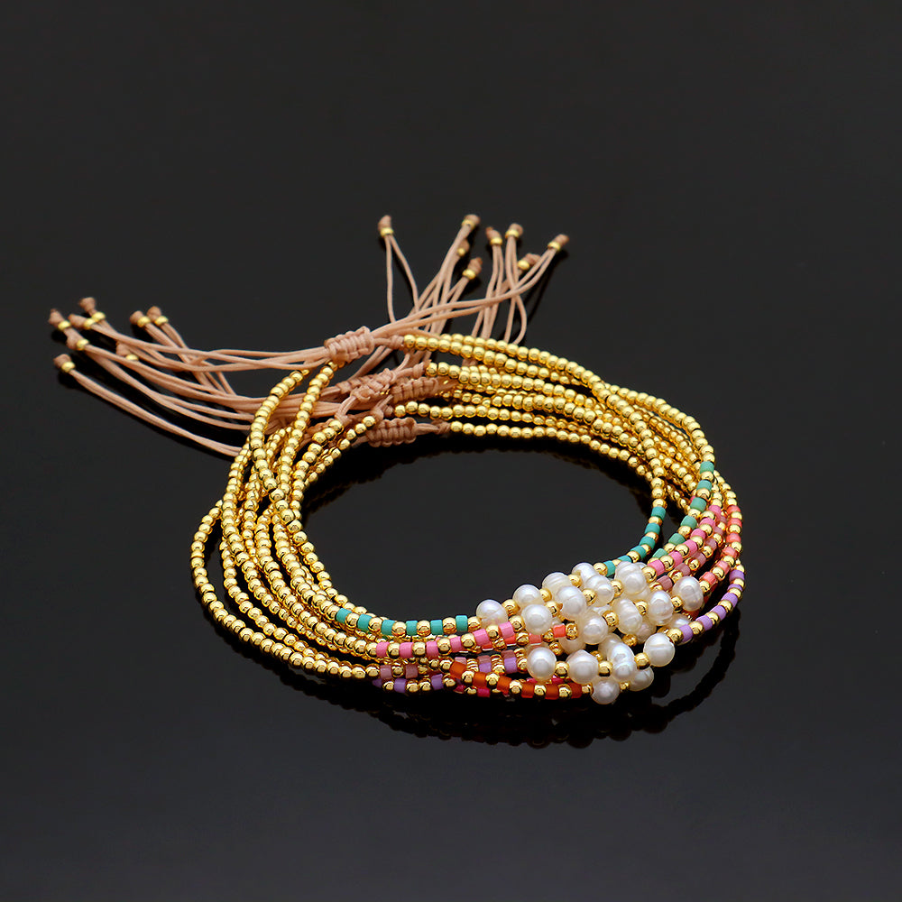 Colorful Miyuki Beads Fresh Water Pearl With Gold Plated Brass Beads Handmade Braided Woven Macrame Bracelet