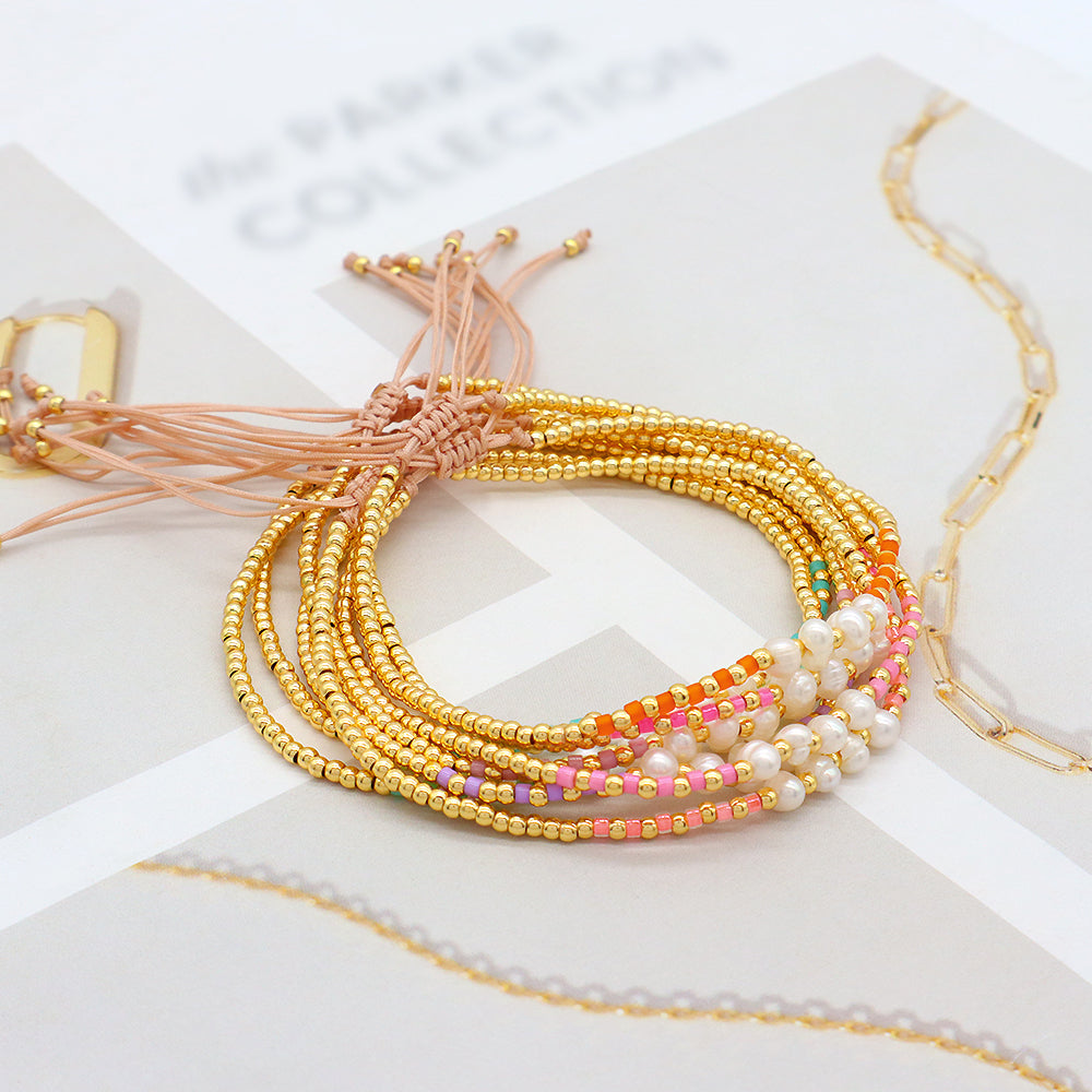 Colorful Miyuki Beads Fresh Water Pearl With Gold Plated Brass Beads Handmade Braided Woven Macrame Bracelet