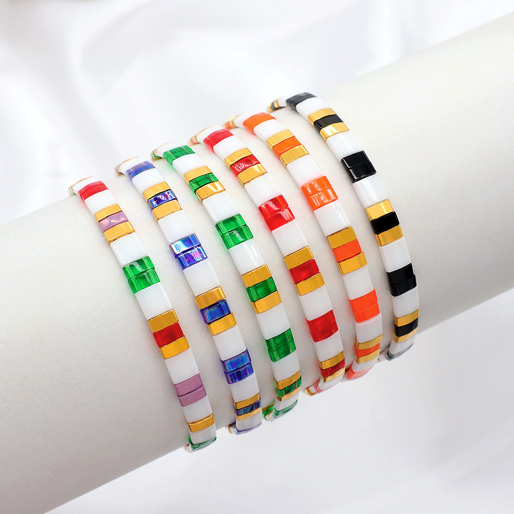 Handmade Colorful Flat Tile Miyuki Tila Beaded Elastic Bracelet