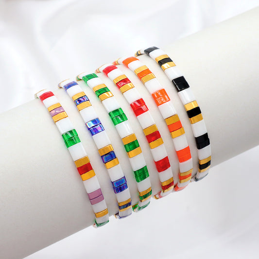 Handmade Colorful Flat Tile Miyuki Tila Beaded Elastic Bracelet
