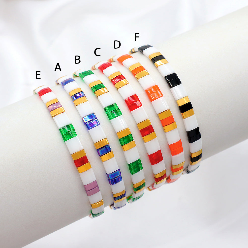 Handmade Colorful Flat Tile Miyuki Tila Beaded Elastic Bracelet