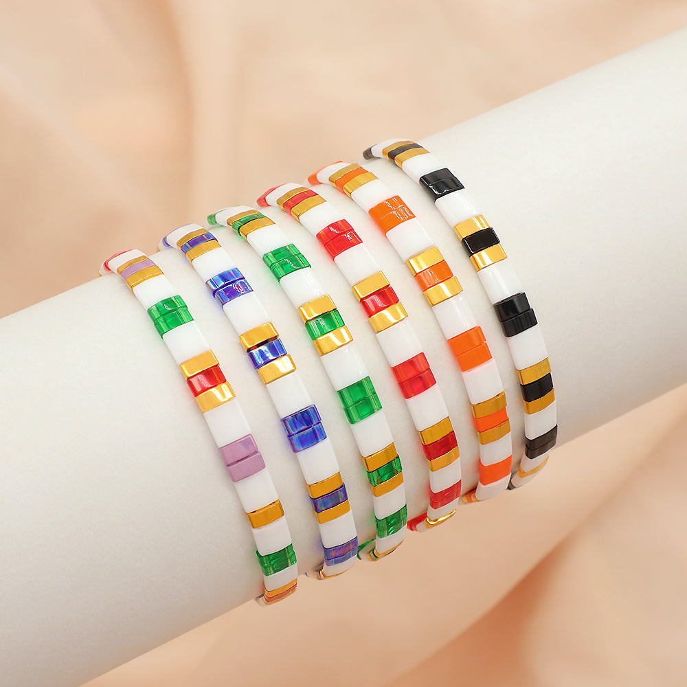 Handmade Colorful Flat Tile Miyuki Tila Beaded Elastic Bracelet