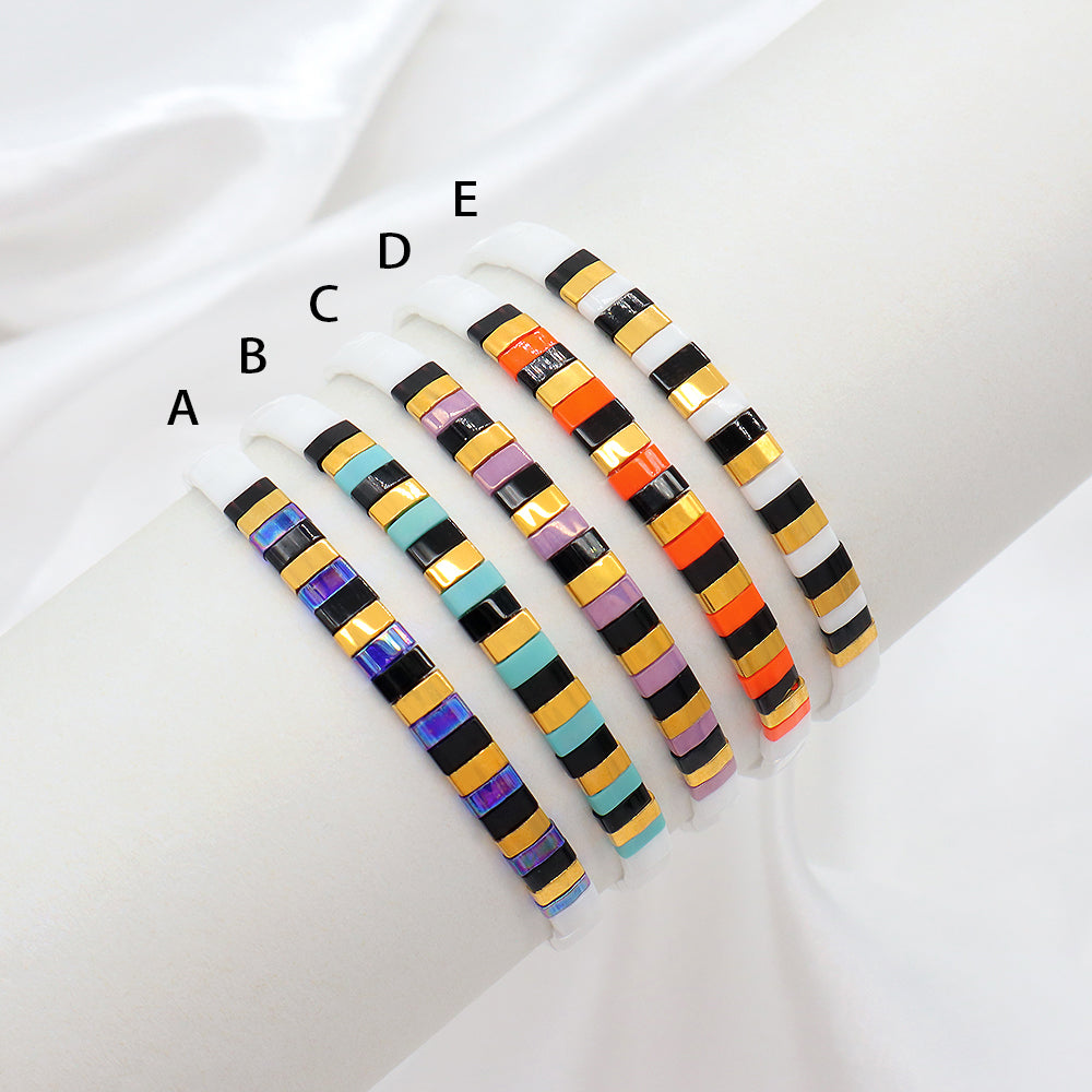 Handmade Colorful Flat Tile Miyuki Tila Beaded Elastic Bracelet