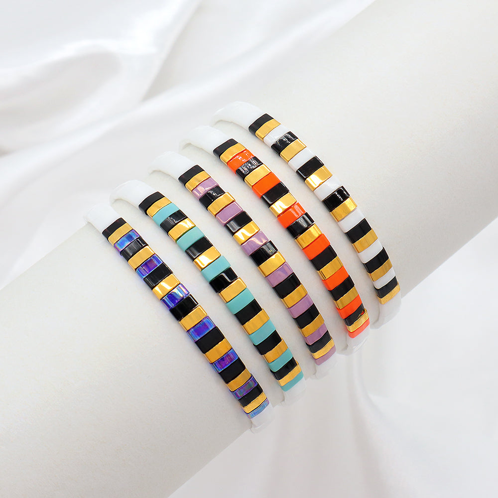 Handmade Colorful Flat Tile Miyuki Tila Beaded Elastic Bracelet