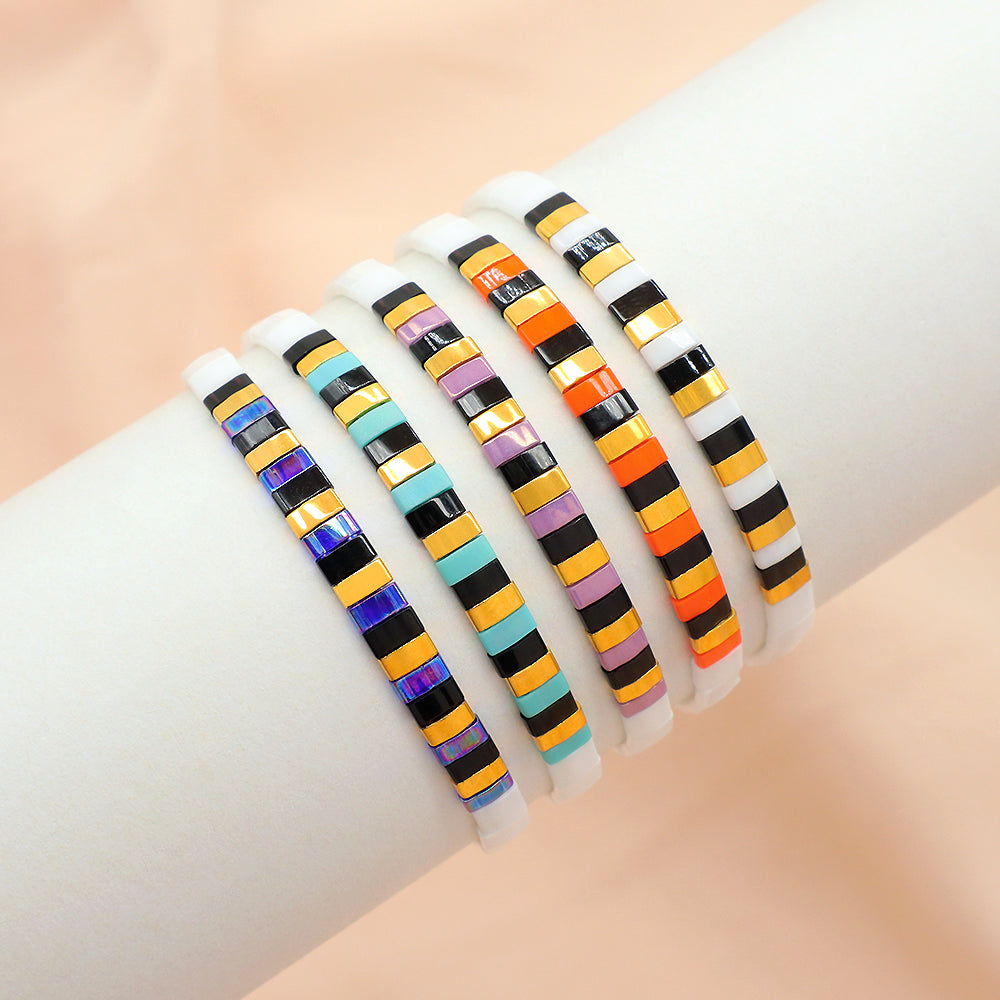 Handmade Colorful Flat Tile Miyuki Tila Beaded Elastic Bracelet