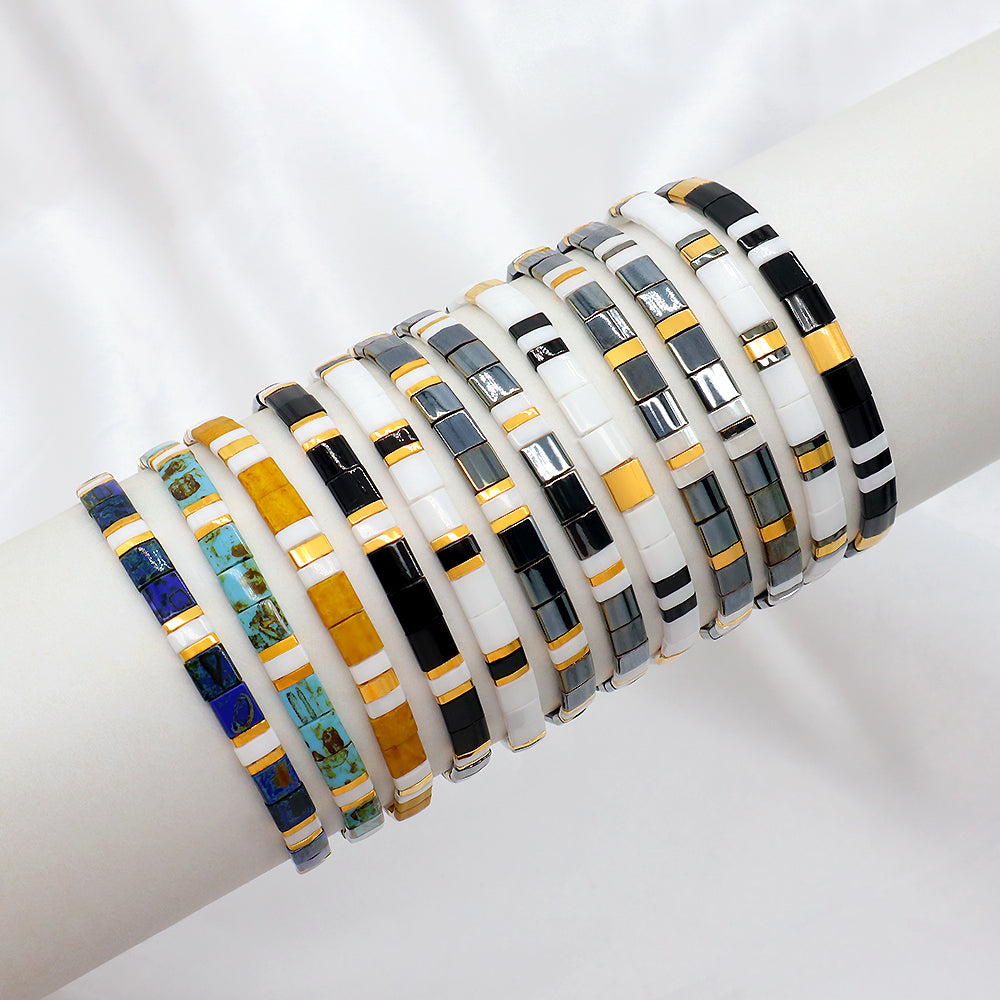 Handmade Custom Colorful Flat Tile Boho Miyuki Tila Beaded Elastic Bracelet