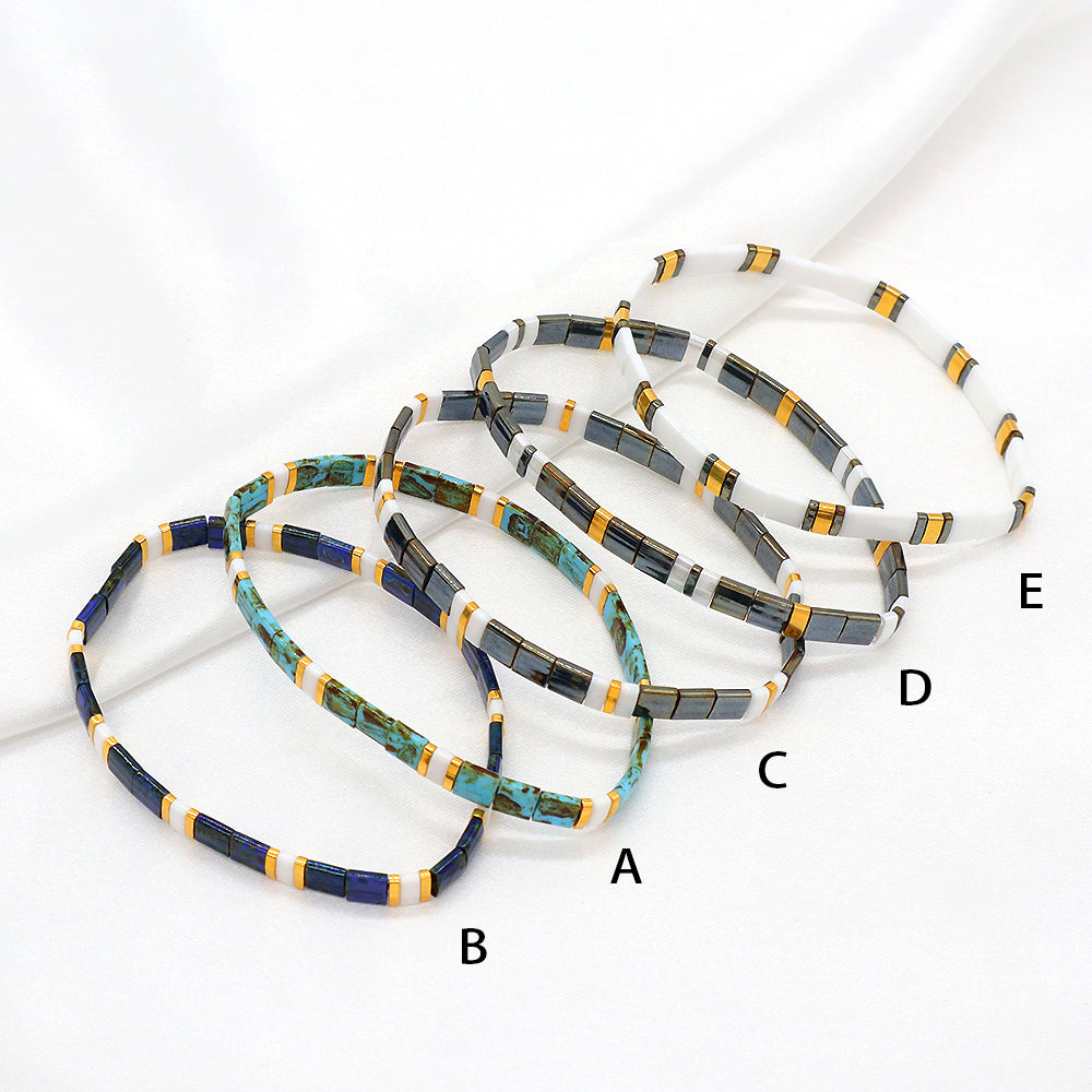 Handmade Custom Colorful Flat Tile Boho Miyuki Tila Beaded Elastic Bracelet
