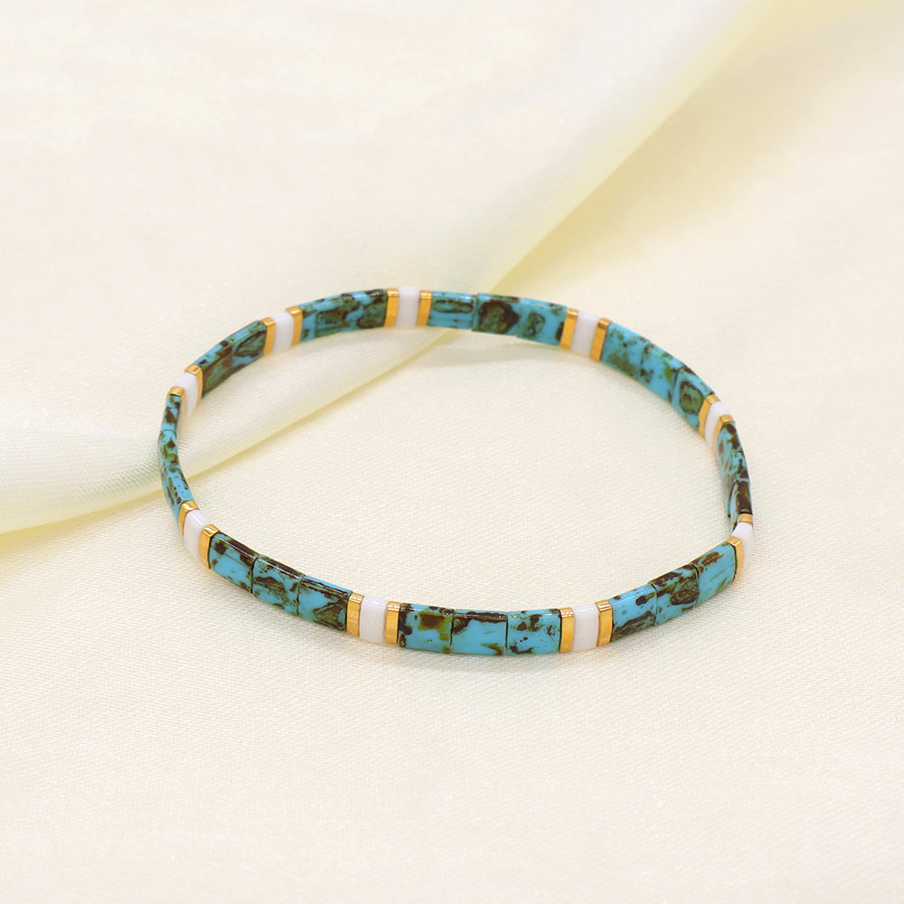Handmade Custom Colorful Flat Tile Boho Miyuki Tila Beaded Elastic Bracelet