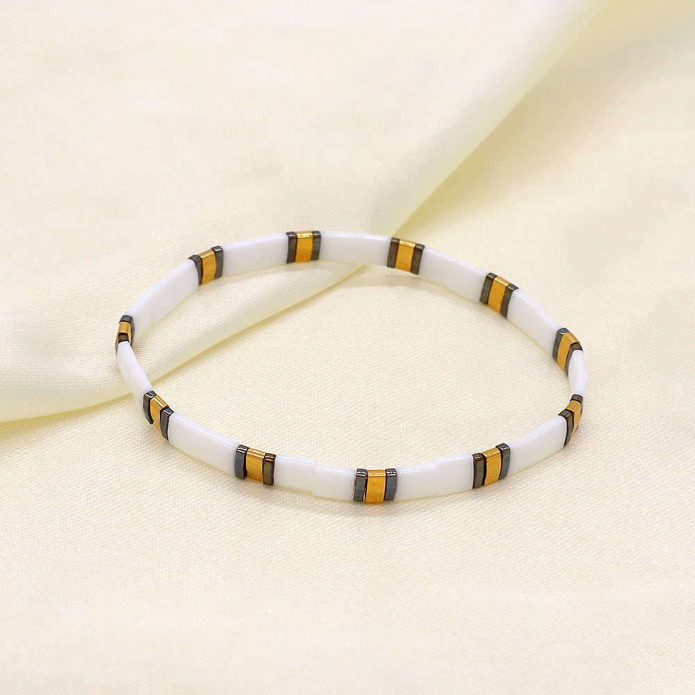 Handmade Custom Colorful Flat Tile Boho Miyuki Tila Beaded Elastic Bracelet