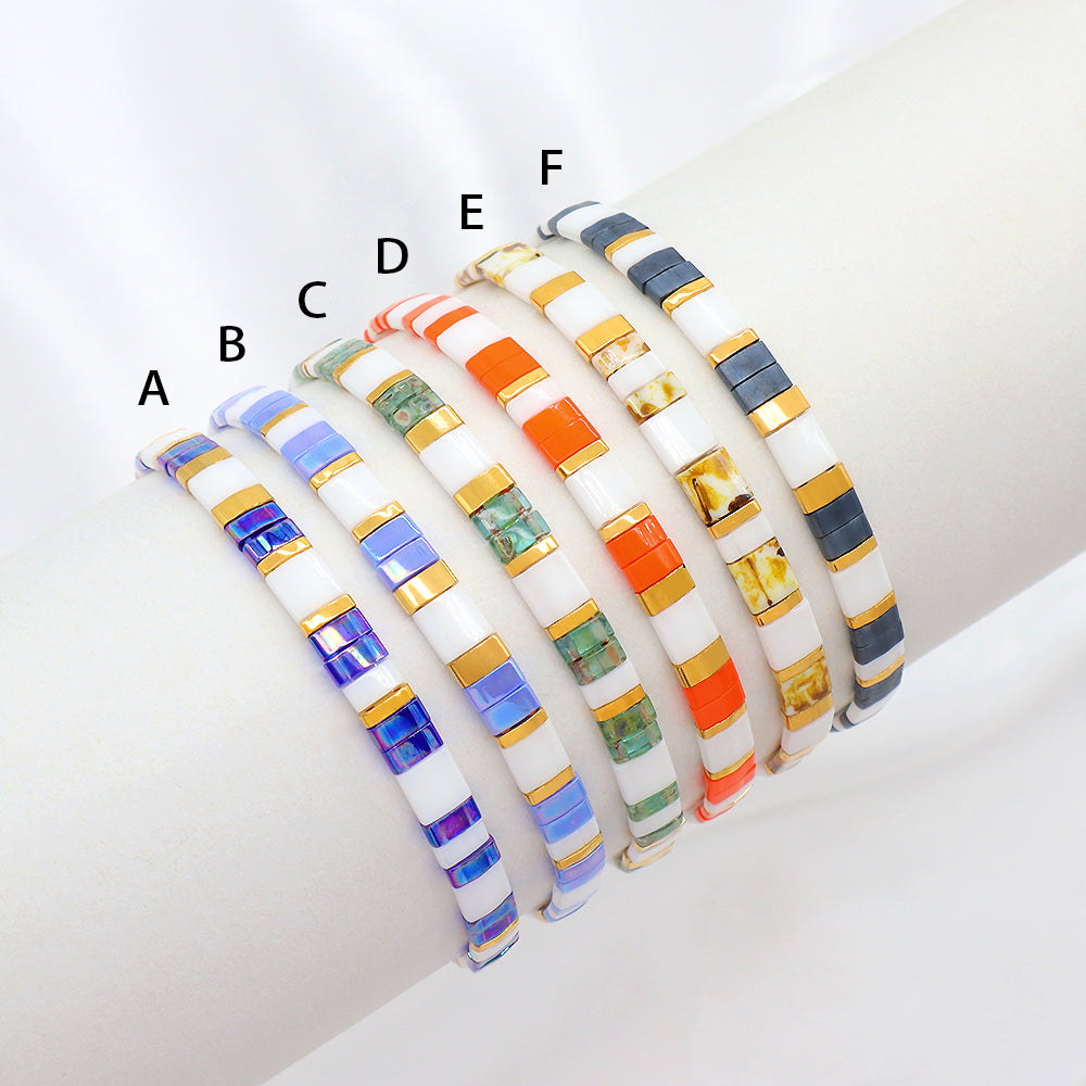 Handmade Colorful Flat Tile Miyuki Tila Beaded Elastic Bracelet