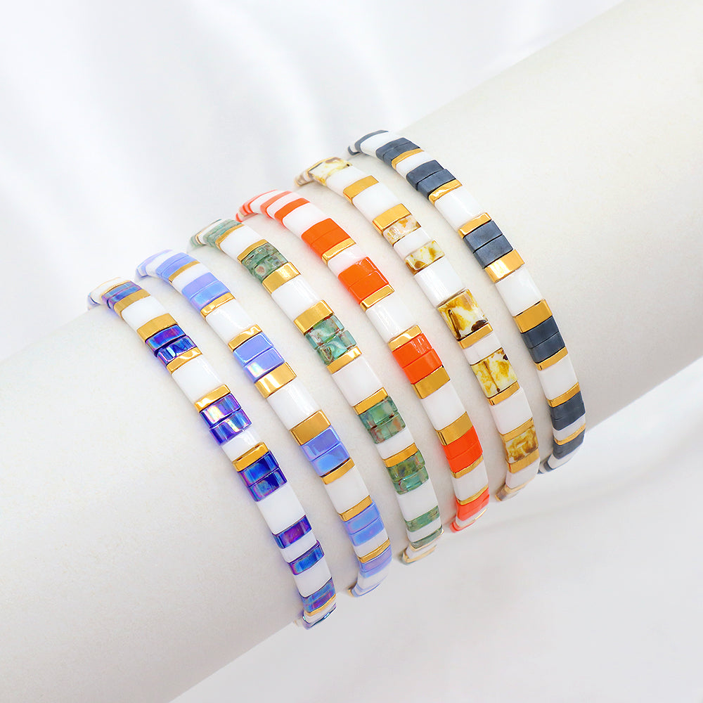 Handmade Colorful Flat Tile Miyuki Tila Beaded Elastic Bracelet