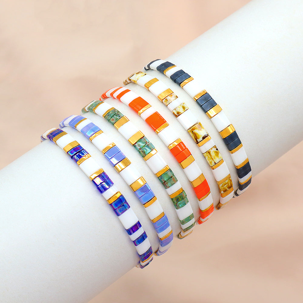 Handmade Colorful Flat Tile Miyuki Tila Beaded Elastic Bracelet