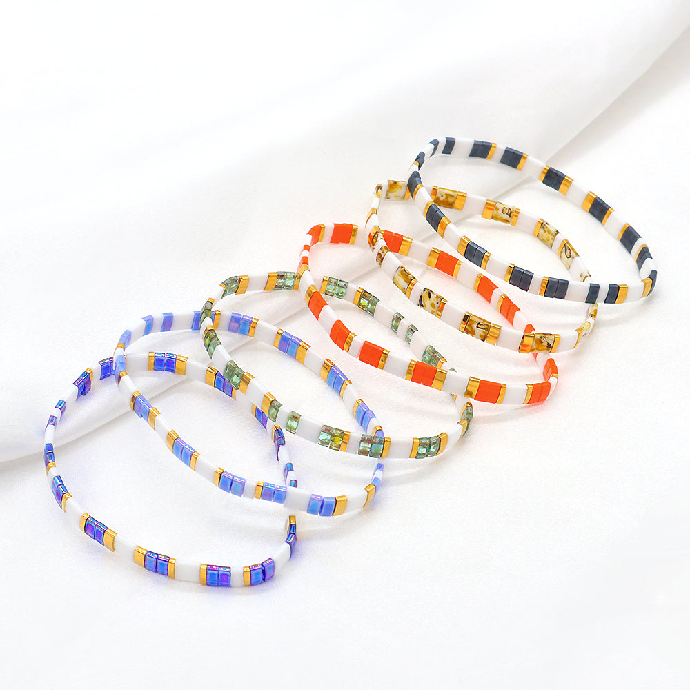 Handmade Colorful Flat Tile Miyuki Tila Beaded Elastic Bracelet