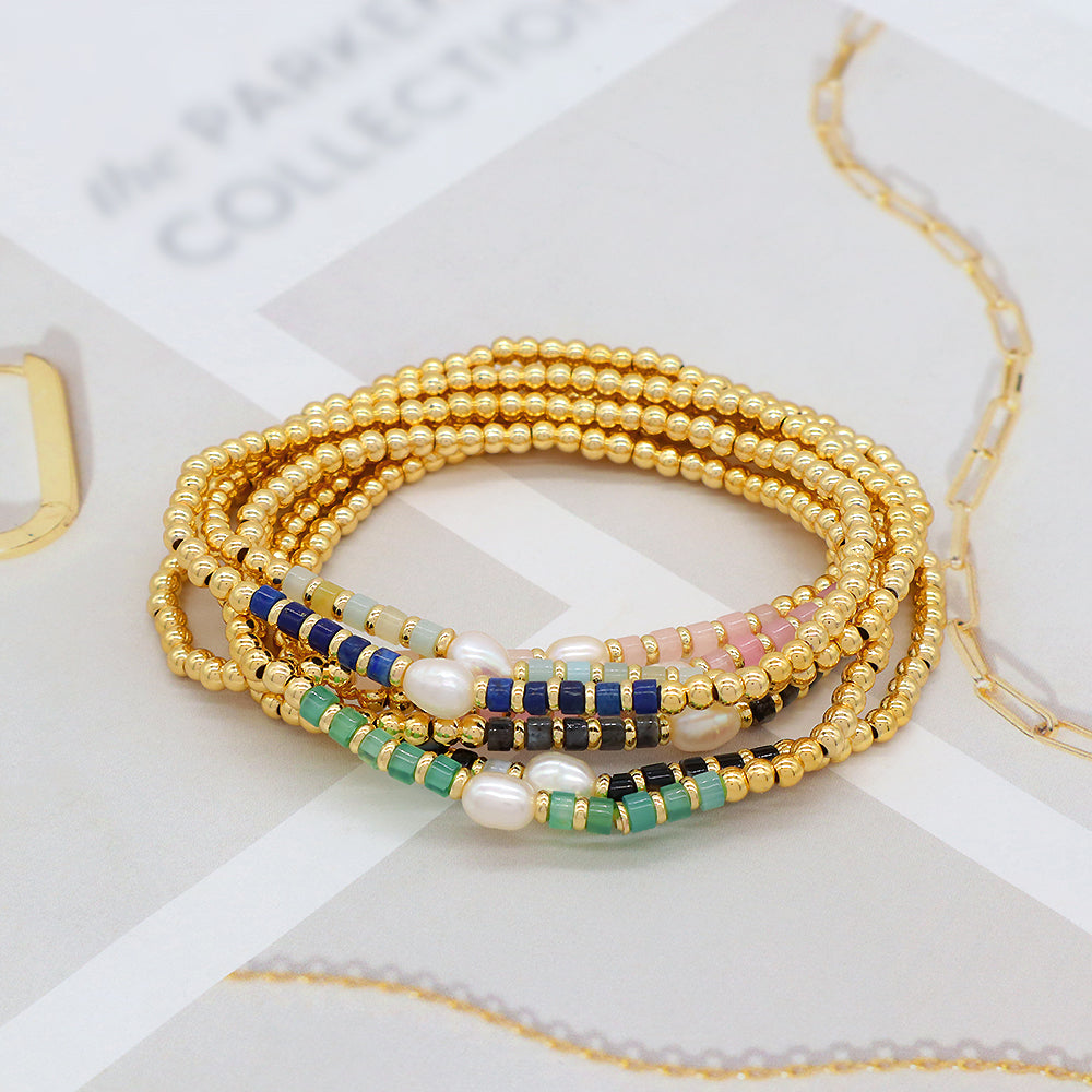 Multiple Colorful Natural Stone Beads With Gold Plated 3mm Brass Beads Bracelet