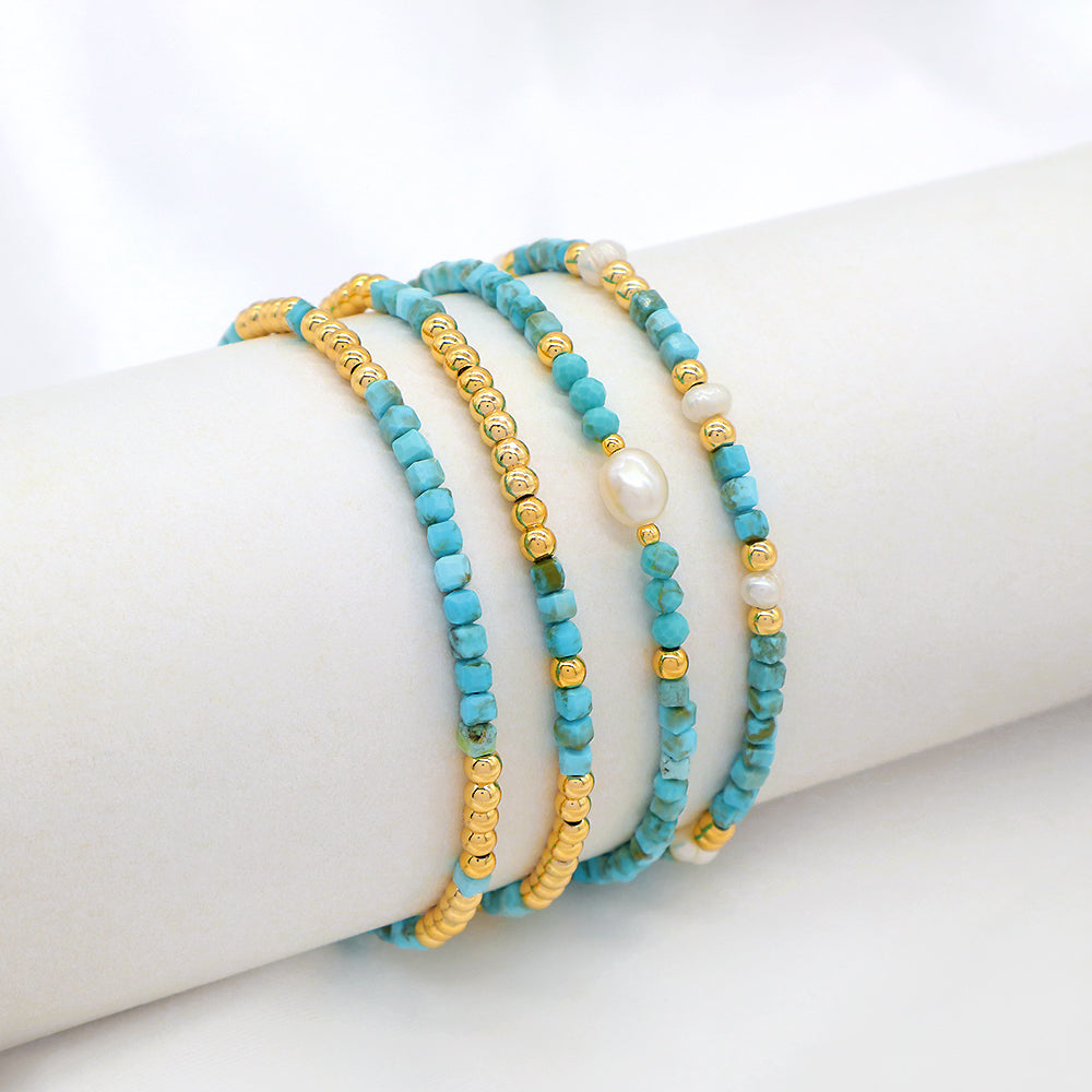 Natural Stone Turquoise Beads With Gold Plated 3mm Brass Beads Bracelet
