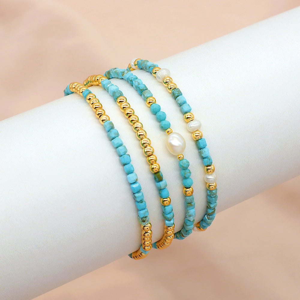 Natural Stone Turquoise Beads With Gold Plated 3mm Brass Beads Bracelet