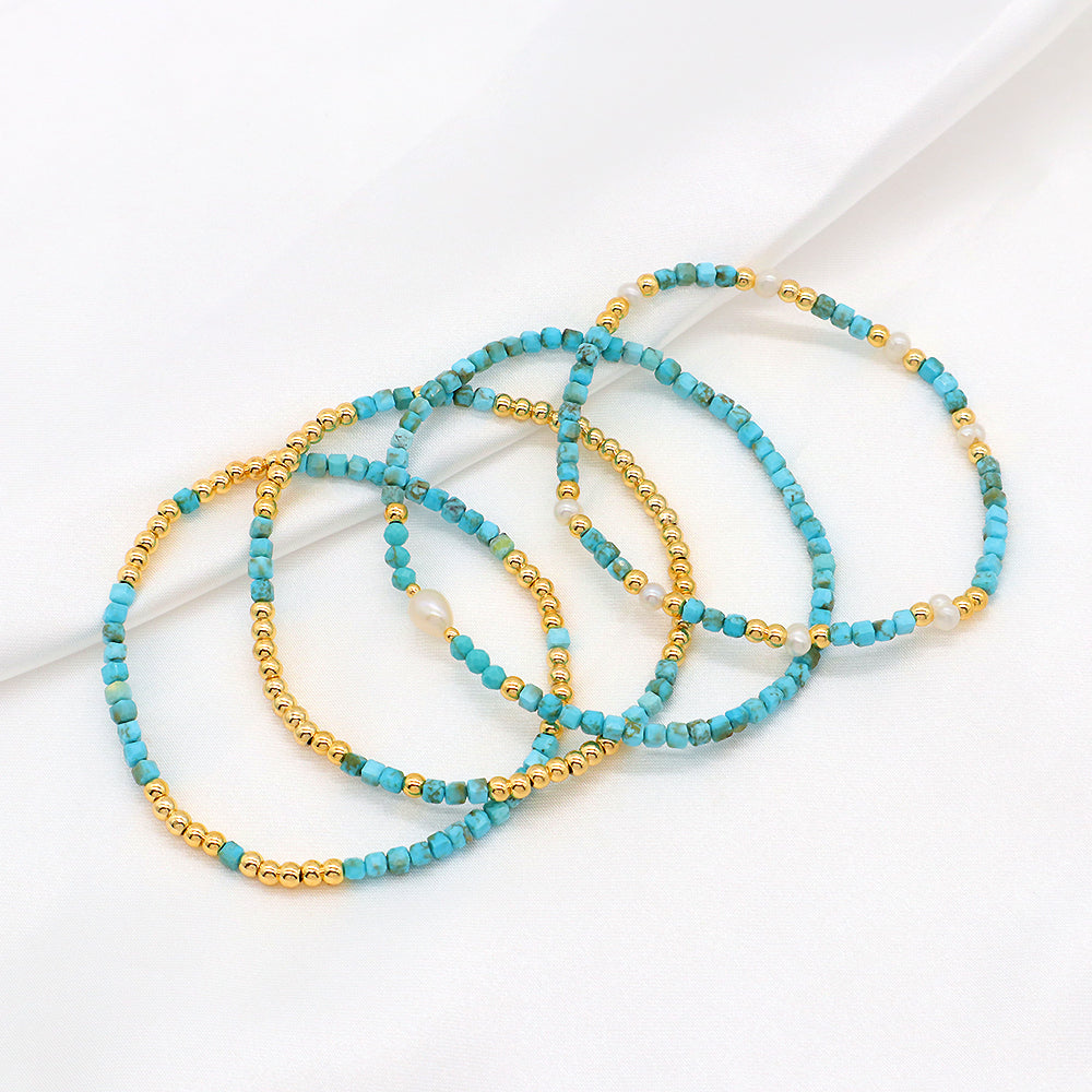 Natural Stone Turquoise Beads With Gold Plated 3mm Brass Beads Bracelet