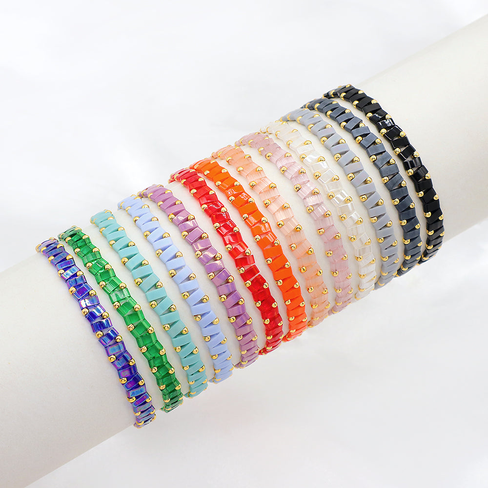 Handmade Colorful Flat Tile Miyuki Tila Beaded Elastic Bracelet