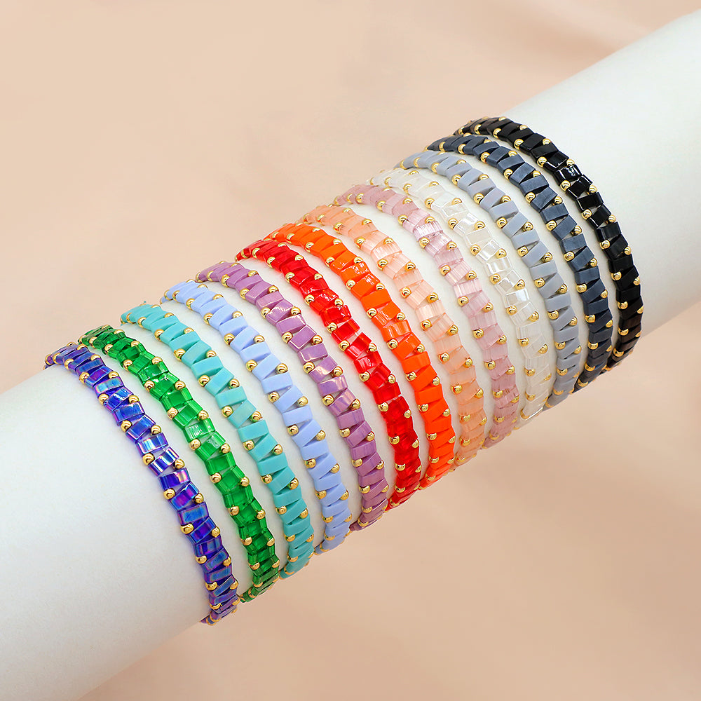 Handmade Colorful Flat Tile Miyuki Tila Beaded Elastic Bracelet