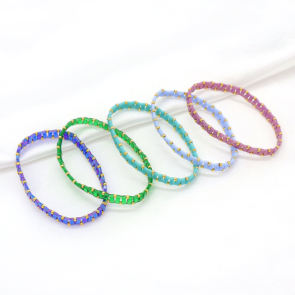 Handmade Colorful Flat Tile Miyuki Tila Beaded Elastic Bracelet