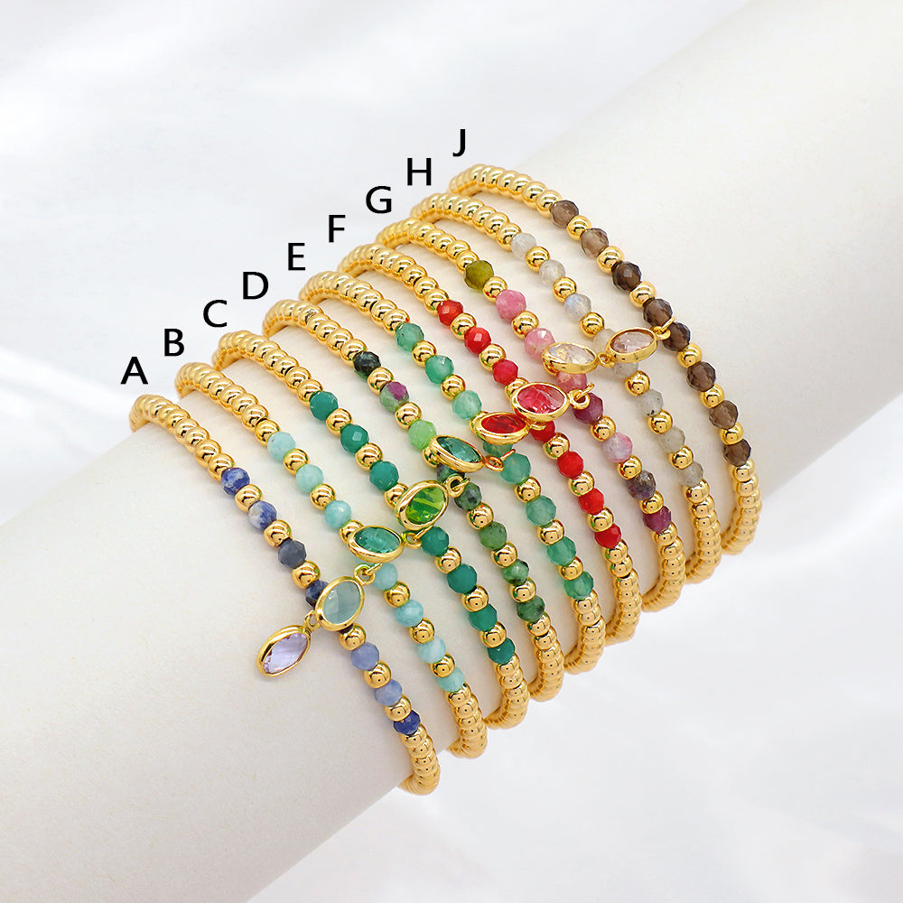 Handmade Natural Stone Beads 3mm Gold Plated 925 Silver Brass Beads CZ Charms Elastic Bracelet