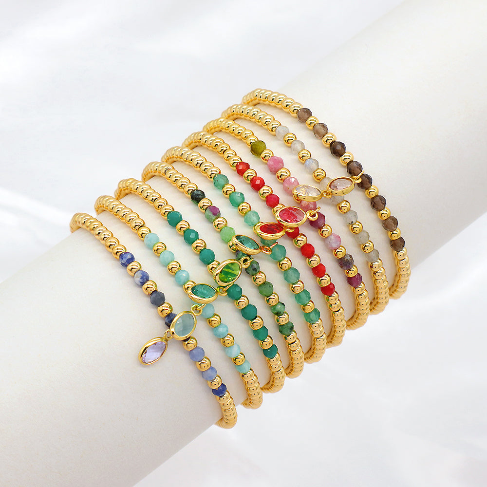 Handmade Natural Stone Beads 3mm Gold Plated 925 Silver Brass Beads CZ Charms Elastic Bracelet