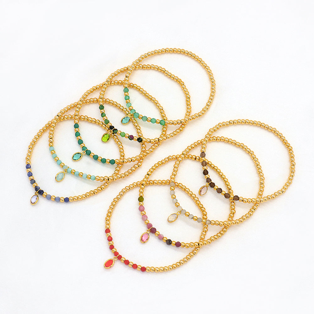 Handmade Natural Stone Beads 3mm Gold Plated 925 Silver Brass Beads CZ Charms Elastic Bracelet