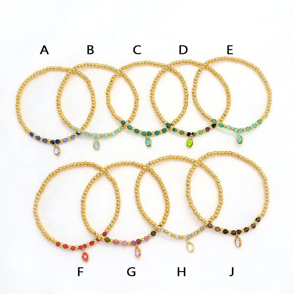 Handmade Natural Stone Beads 3mm Gold Plated 925 Silver Brass Beads CZ Charms Elastic Bracelet