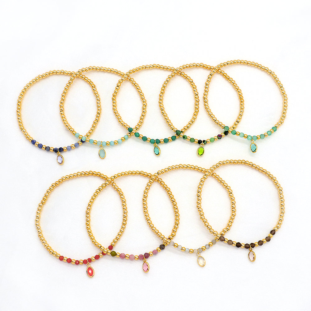 Handmade Natural Stone Beads 3mm Gold Plated 925 Silver Brass Beads CZ Charms Elastic Bracelet