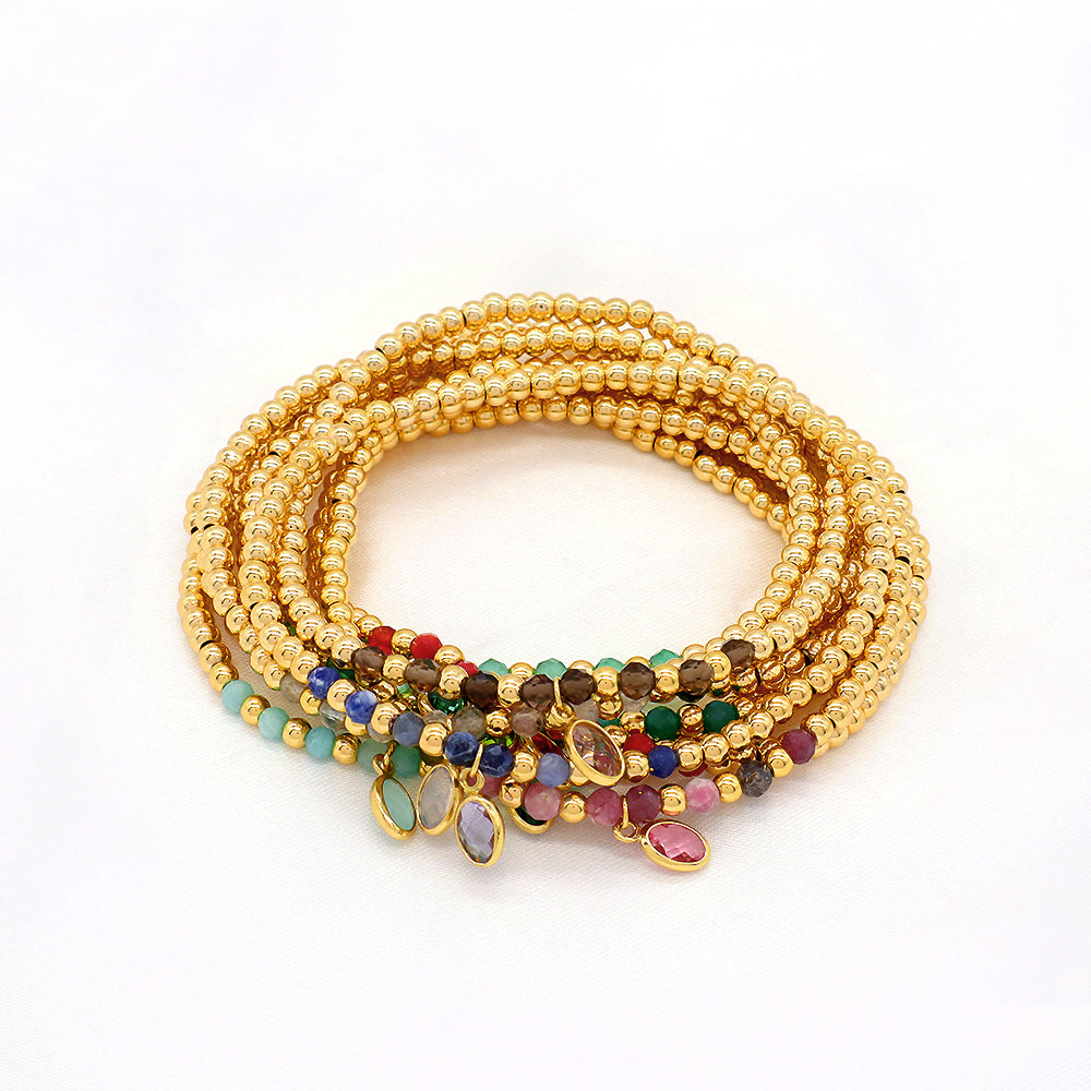 Handmade Natural Stone Beads 3mm Gold Plated 925 Silver Brass Beads CZ Charms Elastic Bracelet