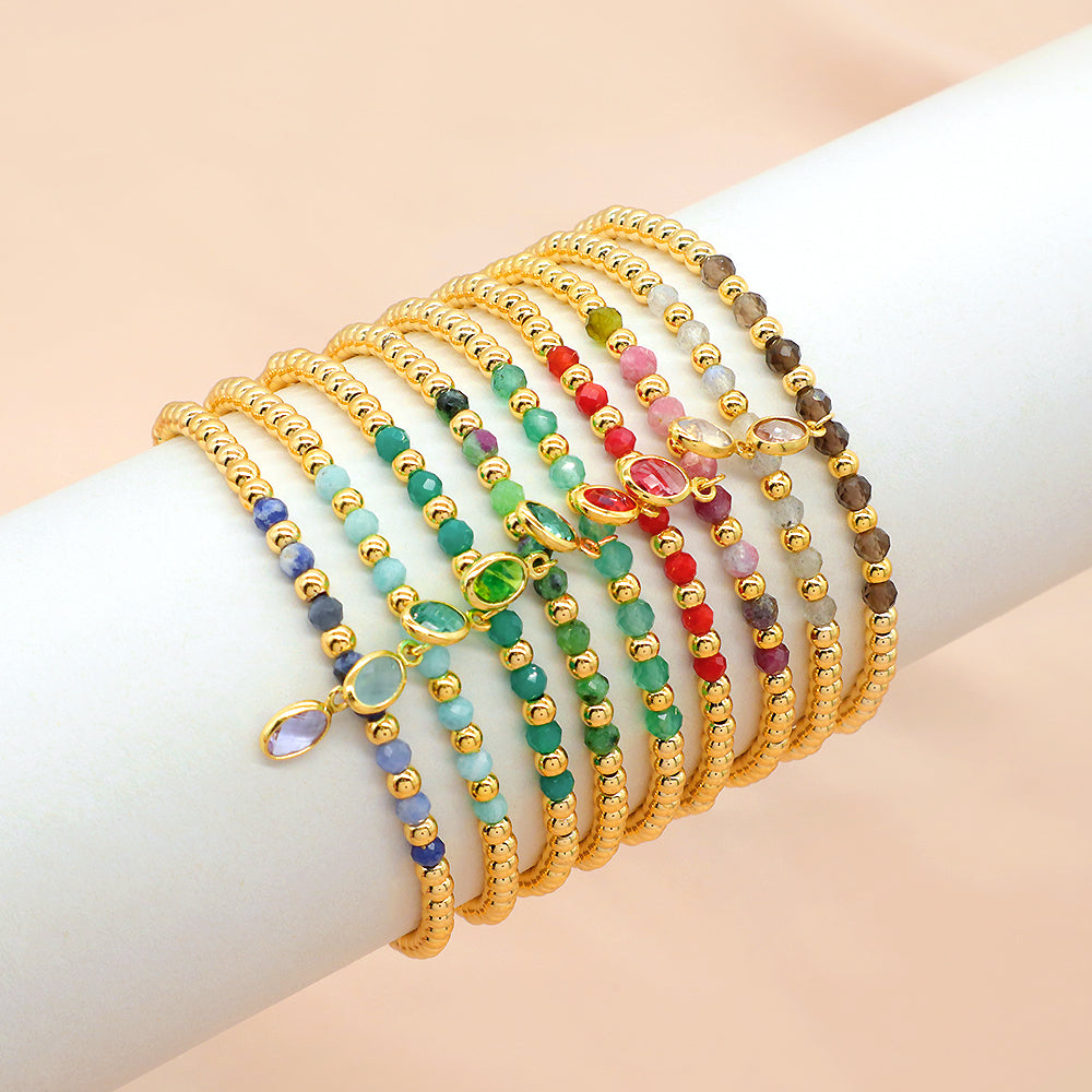 Handmade Natural Stone Beads 3mm Gold Plated 925 Silver Brass Beads CZ Charms Elastic Bracelet