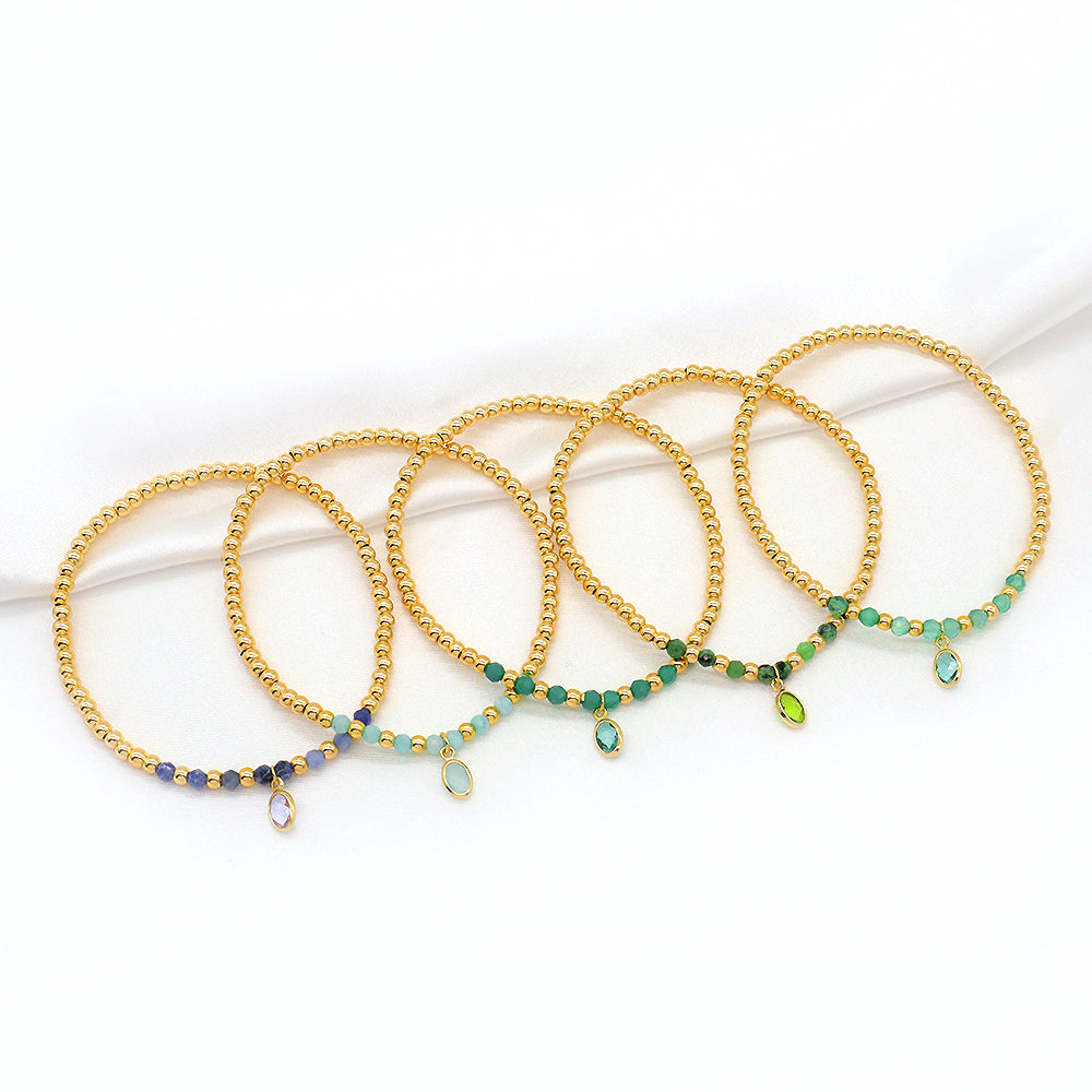 Handmade Natural Stone Beads 3mm Gold Plated 925 Silver Brass Beads CZ Charms Elastic Bracelet