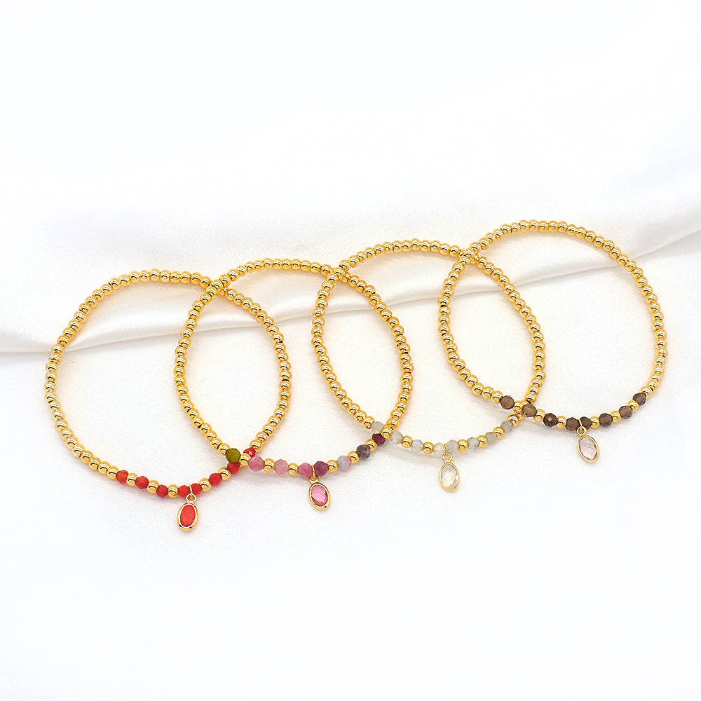 Handmade Natural Stone Beads 3mm Gold Plated 925 Silver Brass Beads CZ Charms Elastic Bracelet