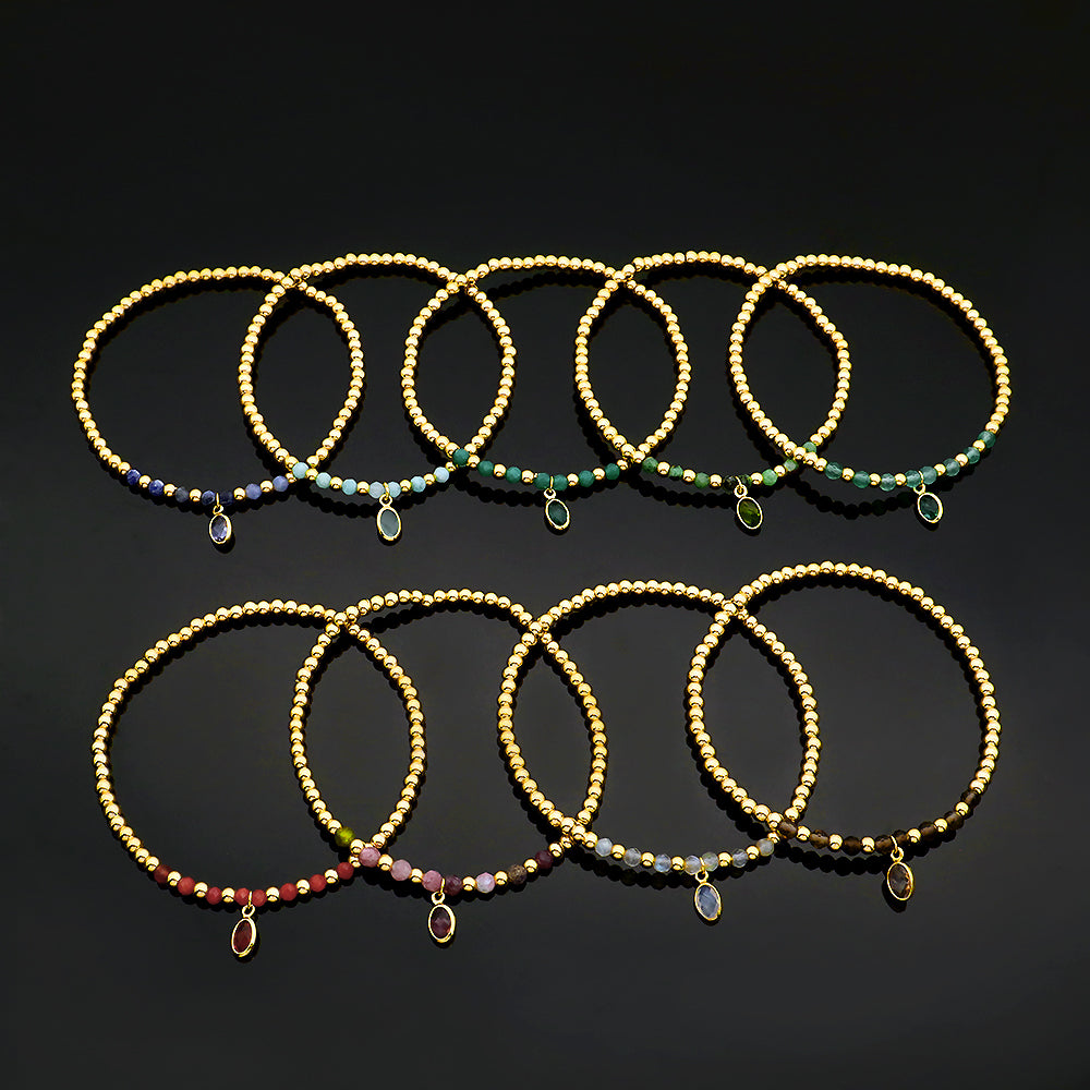 Handmade Natural Stone Beads 3mm Gold Plated 925 Silver Brass Beads CZ Charms Elastic Bracelet