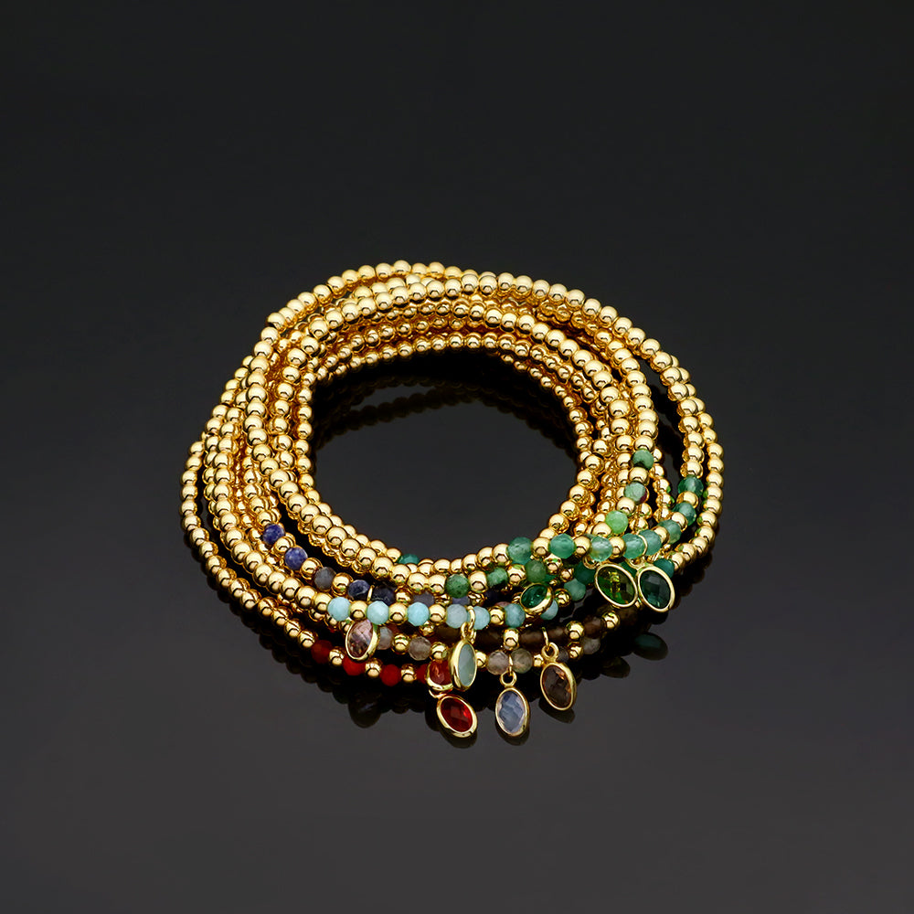 Handmade Natural Stone Beads 3mm Gold Plated 925 Silver Brass Beads CZ Charms Elastic Bracelet