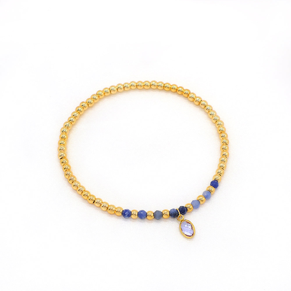 Handmade Natural Stone Beads 3mm Gold Plated 925 Silver Brass Beads CZ Charms Elastic Bracelet