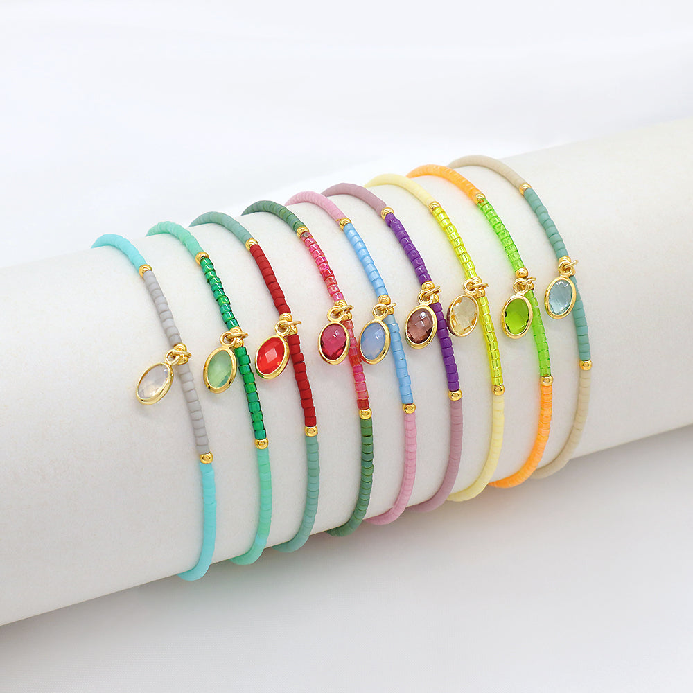 Customized Handmade 925 Sterling Silver CZ Pendant Miyuki Beads Elastic Bracelet