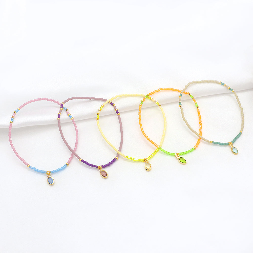 Customized Handmade 925 Sterling Silver CZ Pendant Miyuki Beads Elastic Bracelet