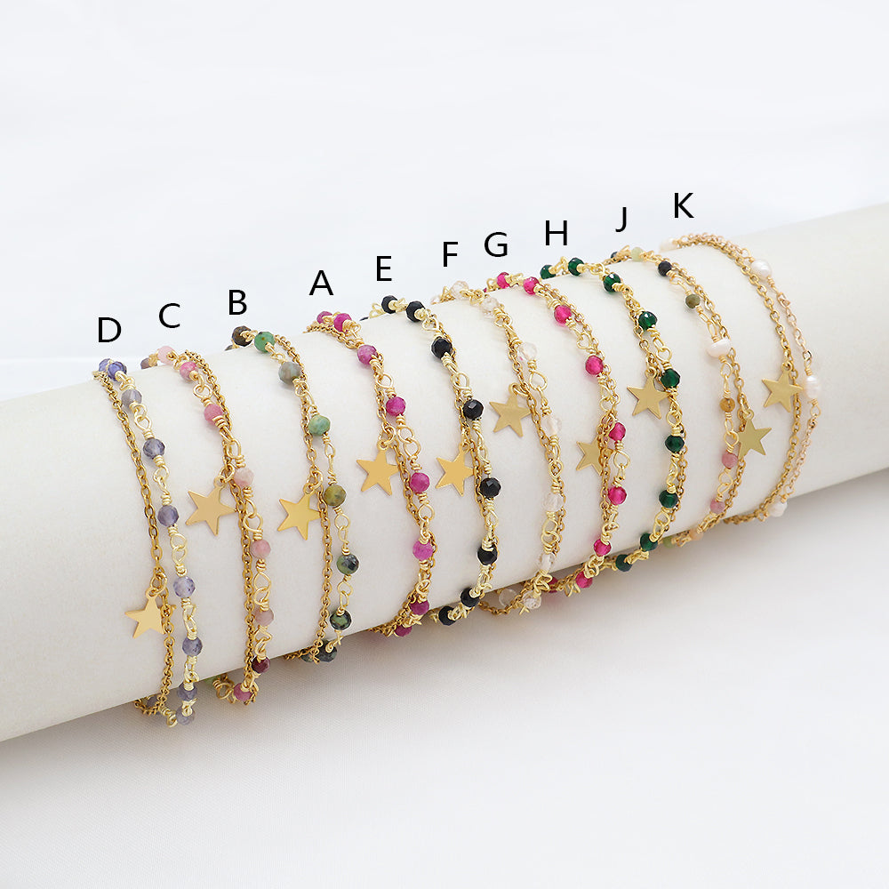Custom Handmade Fashion Gold Plated Natural Stone Double Layer Charm Bracelet